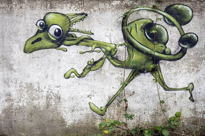 Grafity on an old wall, dilapidated plant of a former agricultural production cooperative of the former GDR, LPG, Lost Place, Müggenburg, Fischland-Darß-Zingst, Western Pomerania National Park, Mecklenburg-Western Pomerania, Germany
