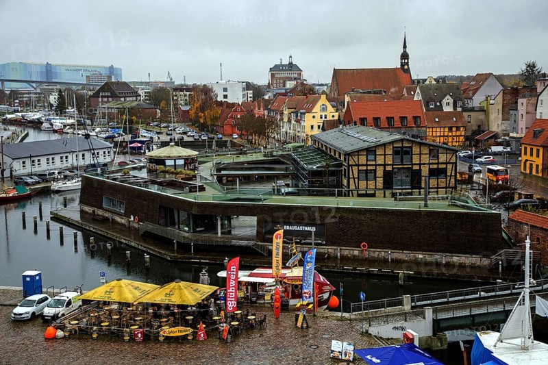 View of the ferry channel and houses of Stralsund Hanseatic City of Stralsund, Vorpommern-Rügen District, Mecklenburg-Western Pomerania, Germany