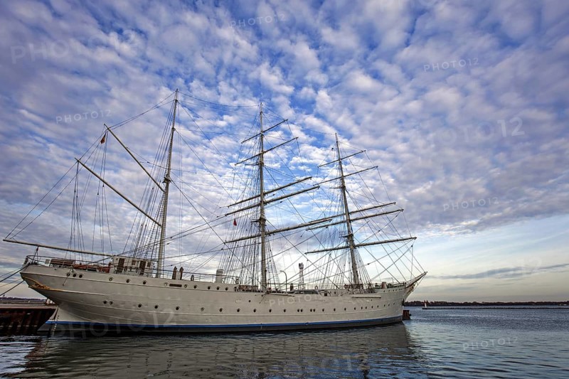 Sailing ship Gorch Fock 1 in the port of Stralsund, Hanseatic City of Stralsund, Mecklenburg-Western Pomerania, Germany