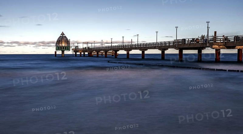 Pier with diving gondola, panorama, long exposure, evening light, Zingst, Fischland-Darß-Zingst, Western Pomerania Lagoon Area National Park, Mecklenburg-Western Pomerania, Germany