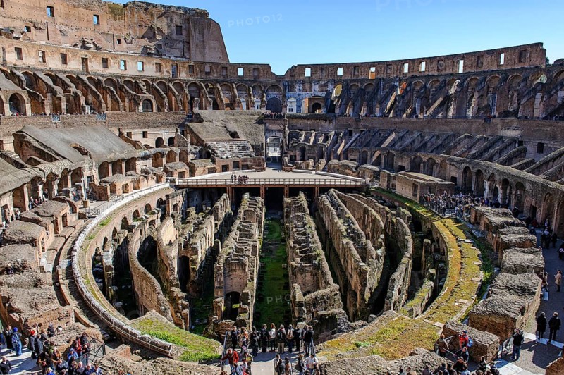 Many tourists crowd into the Colosseum looking at Hypogeum Hypogeum, Rome, Lazio, Italy