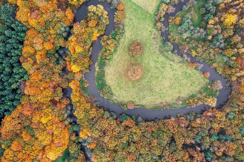 The river Hunte, which surrounds a green island with autumn-colored trees, viewed from the air, drone shot, vertical aerial view, Dötlingen, Wildeshauser Geest, Lower Saxony, Germany