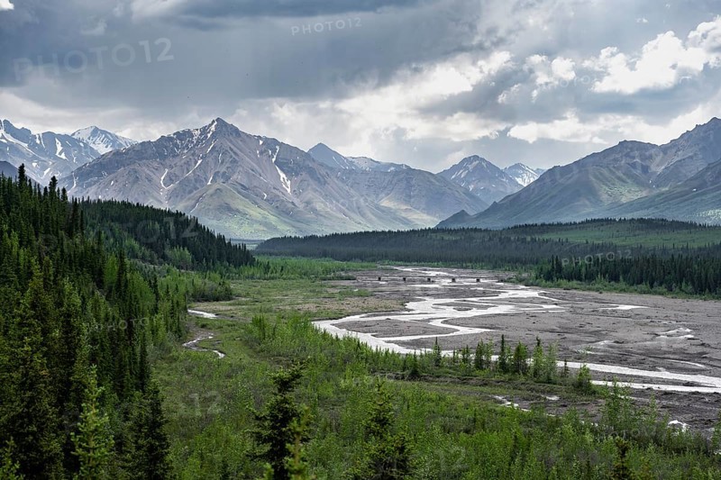 Taiga and tundra with Teklanika River, mountain scenery of the Alaska Range with dramatic cloudy sky, Denali National Park, Alaska, USA