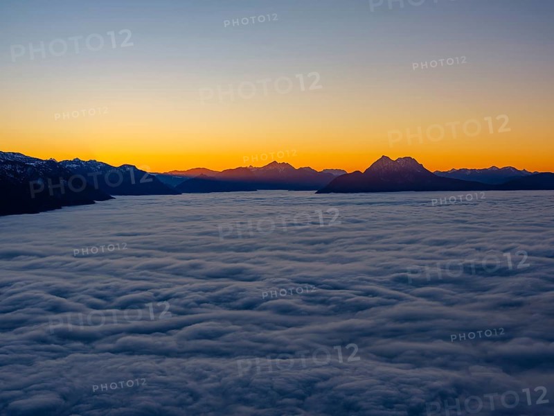 Dusk in the mountains, in the Fog Sea Valley, Chiemgau Alps, Upper Bavaria, Bavaria, Germany