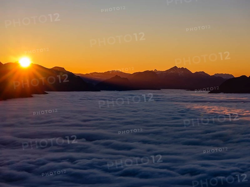 Sunset in the mountains, in the Fog Sea valley, Chiemgau Alps, Upper Bavaria, Bavaria, Germany