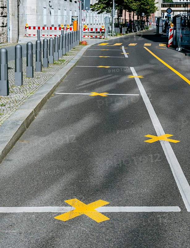 Yellow road marking at construction sites in Berlin, Germany