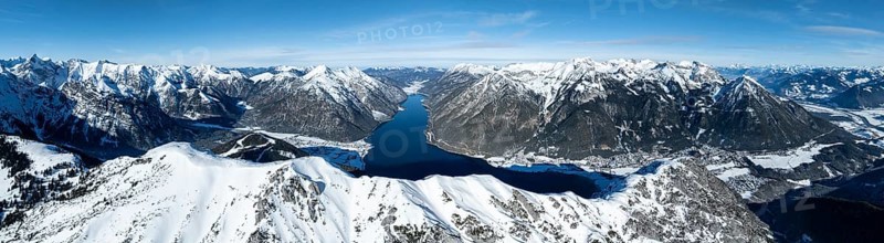 Alpine panorama, aerial view, epic view of mountain landscape with snow in winter, Bärenkopf summit, Achensee, Tyrol, Austria