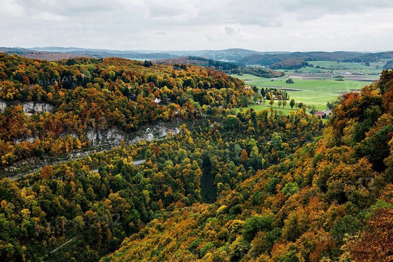 View, panorama of Lichtenstein Castle, Honau, Echaz Valley, Swabian Jura, Baden-Württemberg, Germany