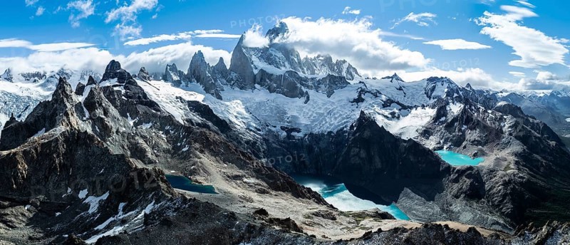 Aerial View, Epic Panorama, Large Glaciers, Lago de los Tres Laguna Sucia Glacier Lakes, Mountains and Peaks of Monte Fitz Roy, Mount Fitz Roy, Cerro Chalten, Los Glaciares National Park, Patagonia, Santa Cruz Province, Argentina