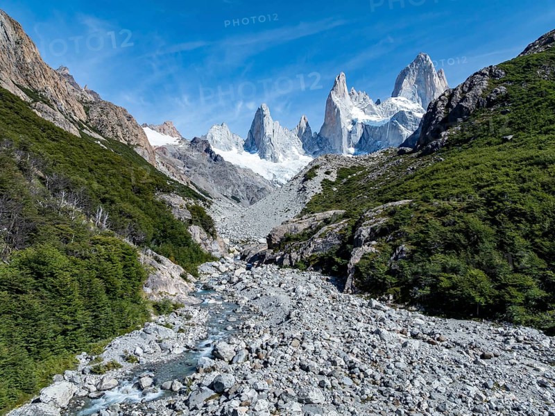 Epic panorama, rocky mountain landscape, glacier and summit of Monte Fitz Roy in the background, Los Glaciares National Park, Patagonia, Santa Cruz Province, Argentina
