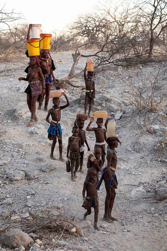Himba woman and children run to fetch water with canisters through dry countryside, traditional Himba, Kaokoveld, Kunene, Namibia