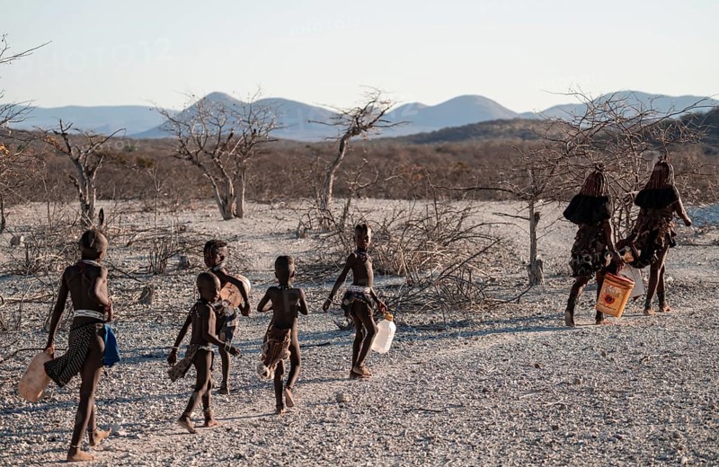 Himba woman and children run to fetch water with canisters through dry countryside, traditional Himba, Kaokoveld, Kunene, Namibia