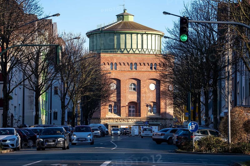The water tower on Steeler Berg, Steeler Strassen in Essen, one of 8 water tank systems operated by Stadtwerke Essen for water supply, with a volume of 2000 cubic meters, it is used for water supply during peak consumption in the morning and at noon, North Rhine-Westphalia, Germany