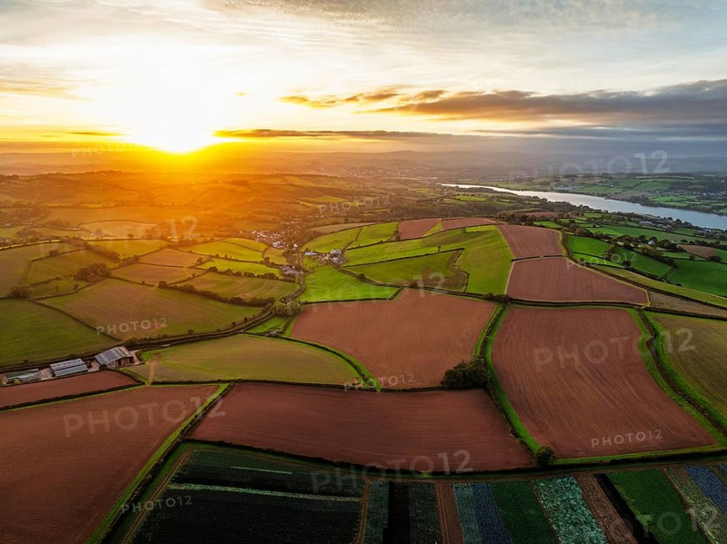 Colours of autumn Fields and Farms over Sheldon from a drone, Torbay, Devon, England, United Kingdom