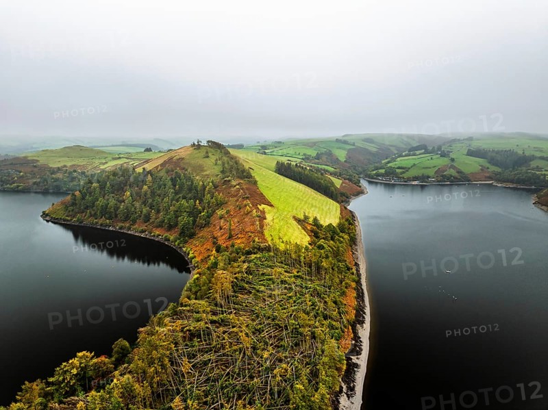 Autumn colours over Llyn Clywedog and Clywedog Reservoir from a drone, Llanidloes, Wales, UK