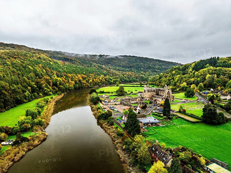 Autumn over Wye Valley and River Wye from a drone, Tintern, Chepstow, Monmouthshire, Wales, UK