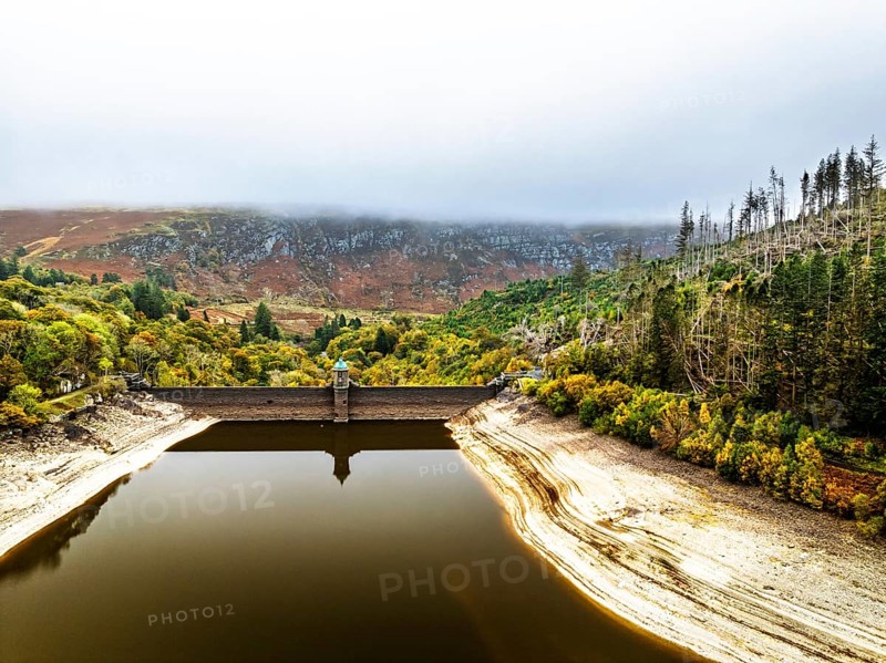 Pen y Garreg Dam and Reservoir from a drone, Elan Valley, Rhayader, Powys, Wales, UK