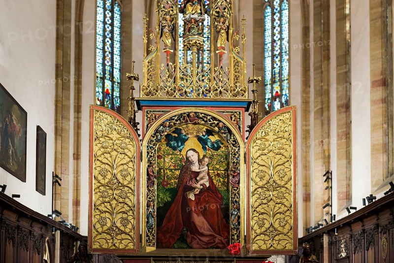 Famous medieval painting, Madonna in the Garden of Roses, by Martin Schongauer, Dominican Church, Église des Dominicains, Colmar, Haut-Rhin Department, Alsace, France