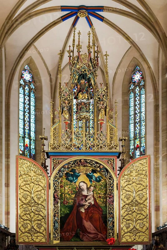 Famous medieval painting, Madonna in the Garden of Roses, by Martin Schongauer, Dominican Church, Église des Dominicains, Colmar, Haut-Rhin Department, Alsace, France