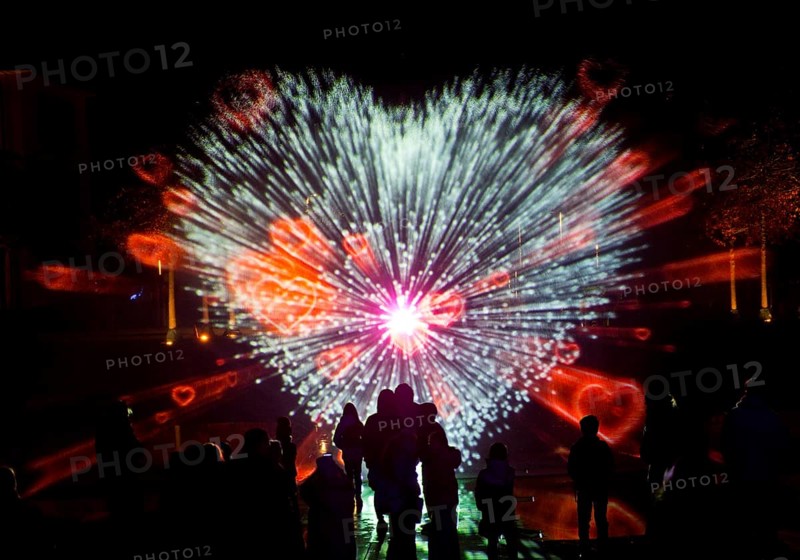 Illumination during the Herbstlichtgarten event in Sauerlandpark in the evening in Hemer, Sauerland, North Rhine-Westphalia, Germany