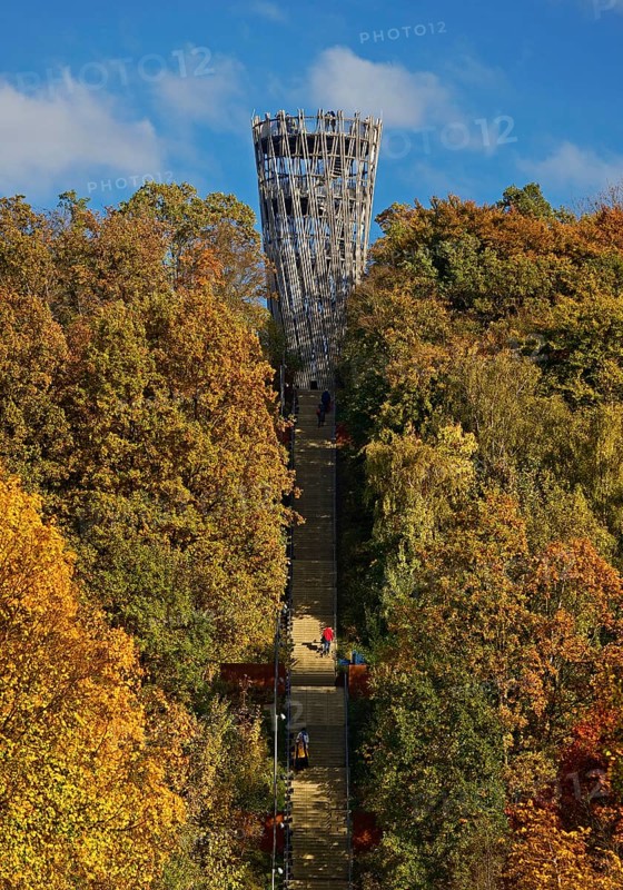 View of the Jübergturm with the stairway in Sauerlandpark in autumn, Hemer, Märkischer Kreis, Sauerland, North Rhine-Westphalia, Germany
