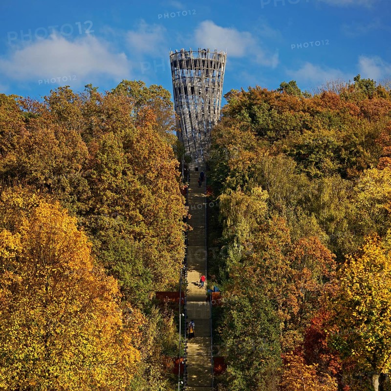 View of the Jübergturm with the stairway in Sauerlandpark in autumn, Hemer, Märkischer Kreis, Sauerland, North Rhine-Westphalia, Germany