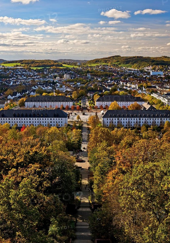 View from the Jübergturm of Sauerland Park in autumn and the city center of Hemer, Märkischer Kreis, Sauerland, North Rhine-Westphalia, Germany