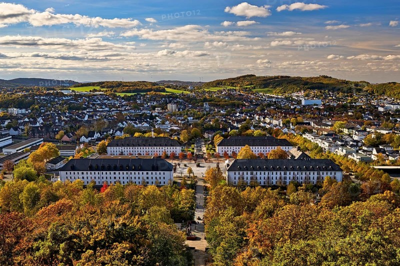View from the Jübergturm of Sauerland Park in autumn and the city center of Hemer, Märkischer Kreis, Sauerland, North Rhine-Westphalia, Germany