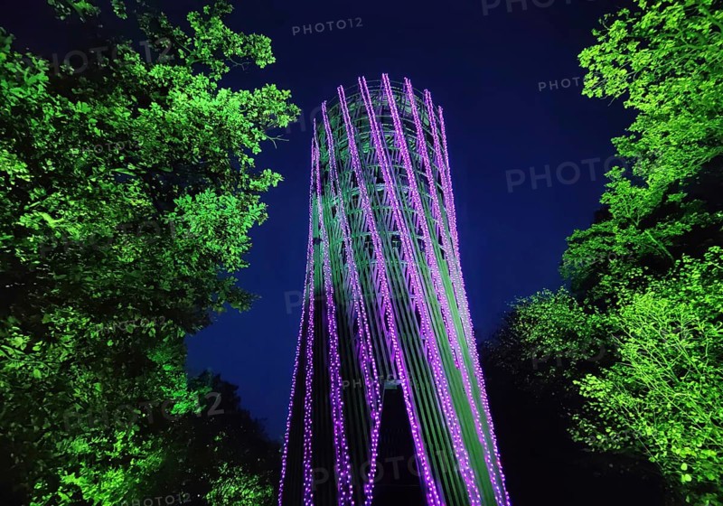 Illumination of the Jübergturm during the HerbstlichtGarten event in Sauerlandpark in Hemer, Sauerland, North Rhine-Westphalia, Germany