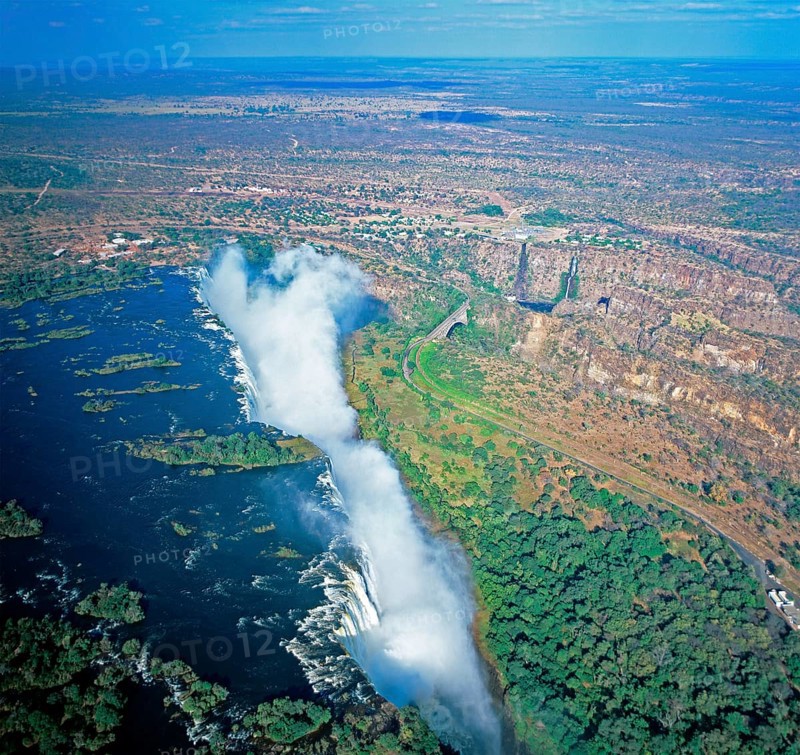 Aerial view, Victoria Falls, Zambezi, Zambezi Bridge, Zimbabwe, Africa, June 2000, vintage, retro, old, historic