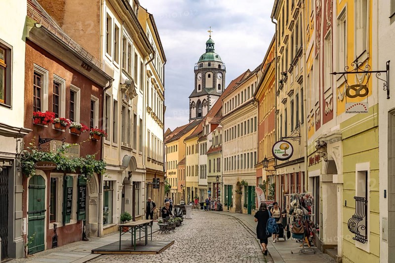 Alley in the old town and the Protestant Church of Our Lady in Meissen, Saxony, Germany