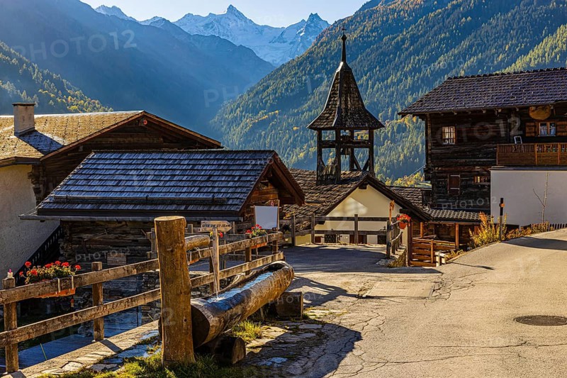 The small chapel in the mountain village of St-Jean, Val d'Anniviers, Valais Alps, Canton of Valais, Switzerland