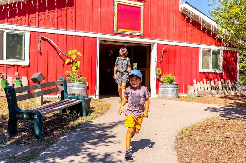 Happy child running from a red barn in the countryside near kamloops, british columbia, canada, with his mother walking behind him on a sunny summer day