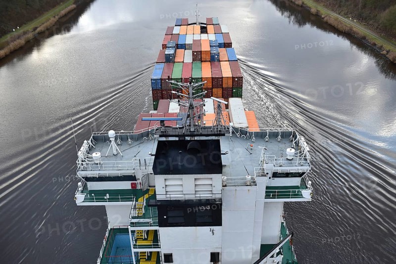 Aerial view of shipping container, container ship NORDIC PORTO photographed from above, Kiel Canal, Kiel Canal, Kiel Canal, Schleswig-Holstein, Germany