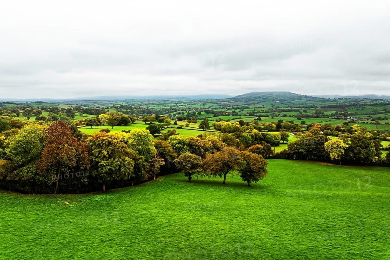 Autumn colours over Wales Farms and Fields from a drone, Grosmont, Abergavenny, Monmouthshire, Wales, UK