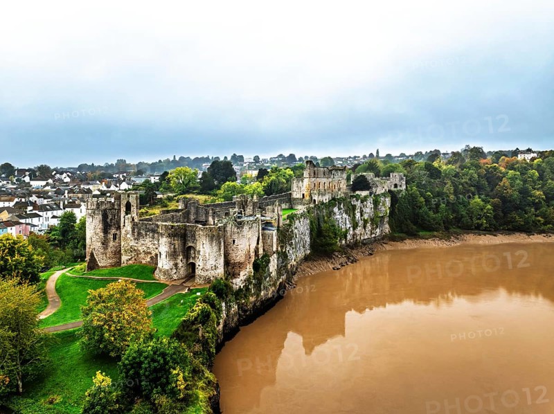 Autumn over Chepstow Castle and River Wye from a drone, Chepstow, Monmouthshire, Wales, UK