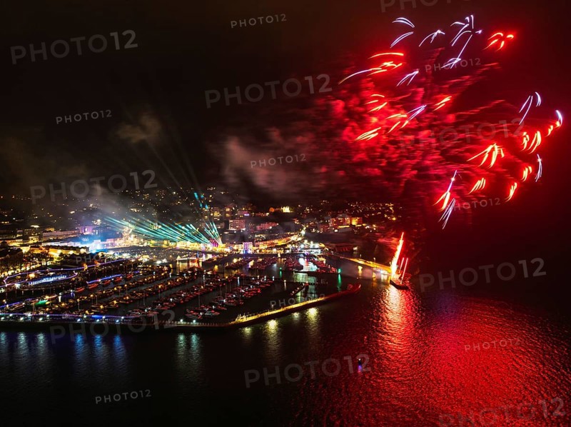 Bay of Lights Illumination Trail Fireworks over Torquay Horbour from a drone, Torbay, Devon, England, United Kingdom