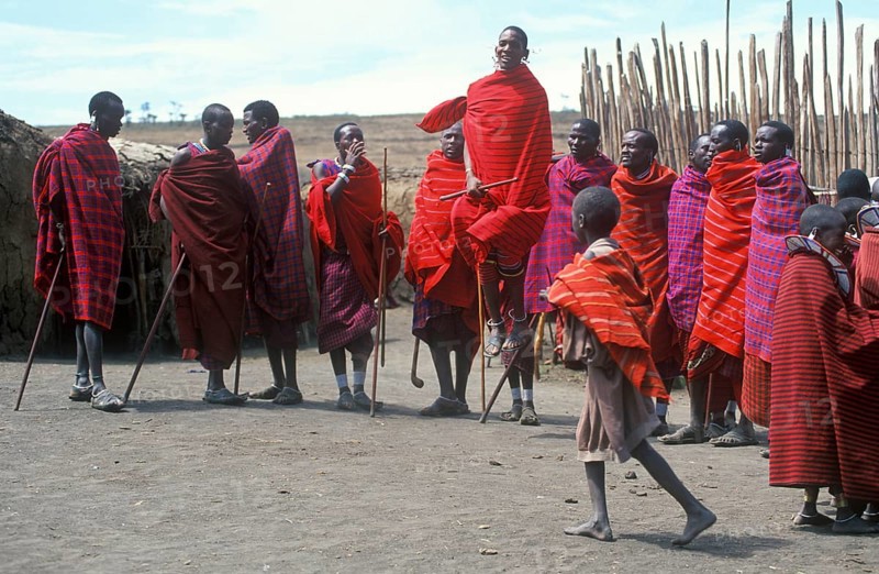 Maasai men showing traditional jumps, Ngorongoro Crater, Tanzania, Africa, June 2000, vintage, retro, old, historic