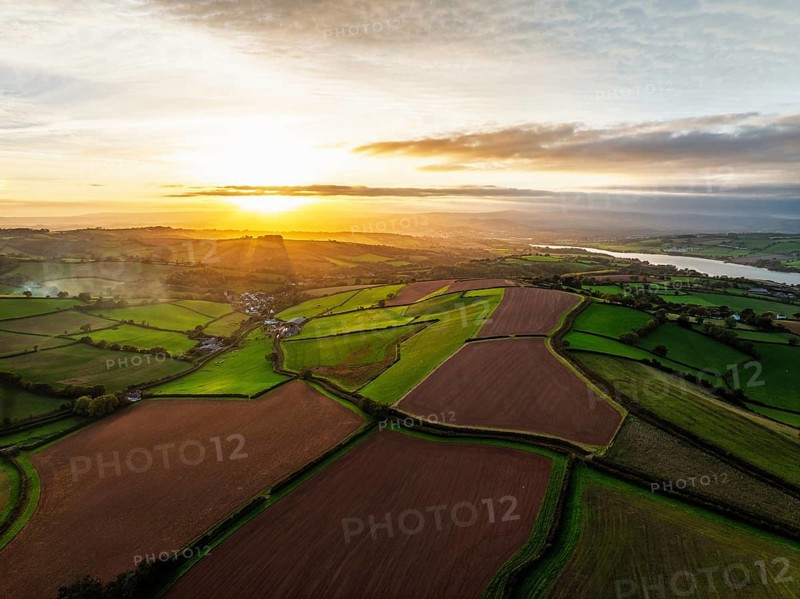 Colours of autumn Fields and Farms over Sheldon from a drone, Torbay, Devon, England, United Kingdom