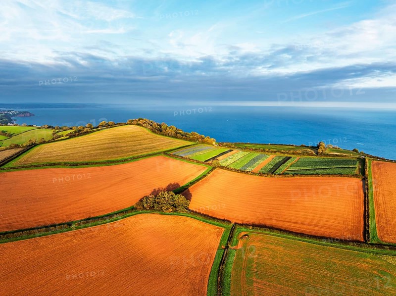 Colours of autumn Fields and Farms over Sheldon from a drone, Torbay, Devon, England, United Kingdom