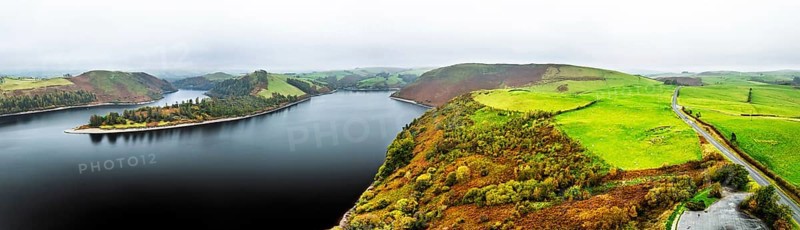 Autumn colours over Llyn Clywedog and Clywedog Reservoir from a drone, Llanidloes, Wales, UK