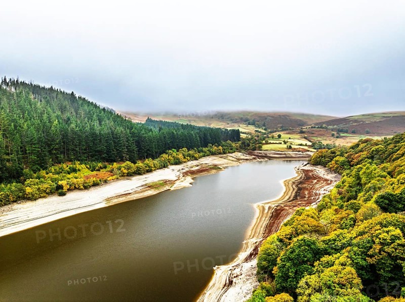 Pen y Garreg Dam and Reservoir from a drone, Elan Valley, Rhayader, Powys, Wales, UK