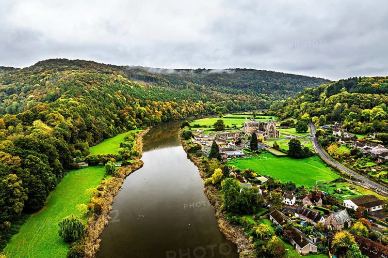 Autumn over Wye Valley and River Wye from a drone, Tintern, Chepstow, Monmouthshire, Wales, UK