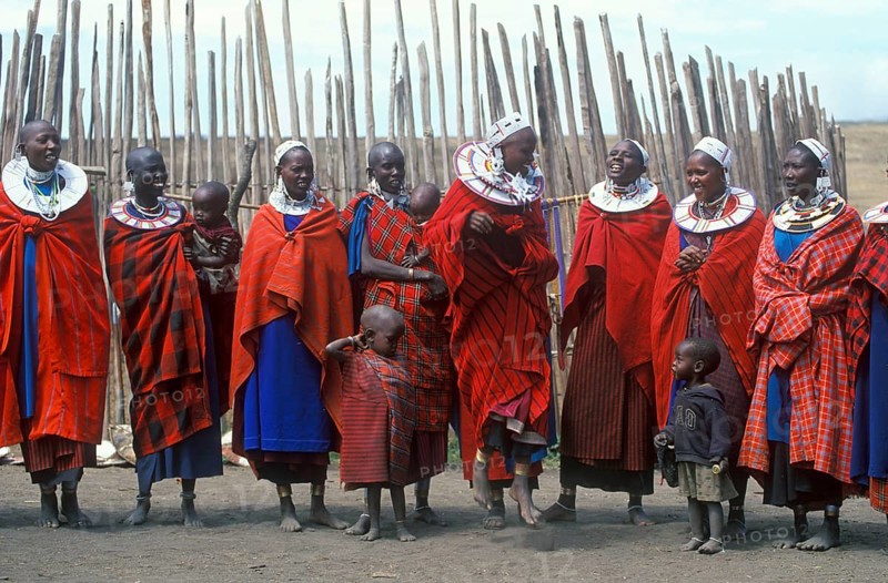 Maasai woman with small children in their village in the Ngorongoro Crater, Tanzania, June 2000, vintage, retro, old, historic