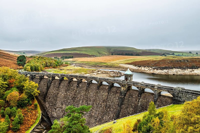 Autumn over Craig Goch Dam from a drone, Elan Valley Reservoirs, Elan Valley, Rhayader, Powys, Wales, UK