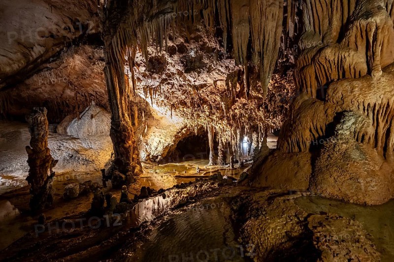 Stalactites and stalagmites, rock formations in a stalactite cave, Grotta del Fico, Gulf of Orosei, Baunei, Sardinia, Italy