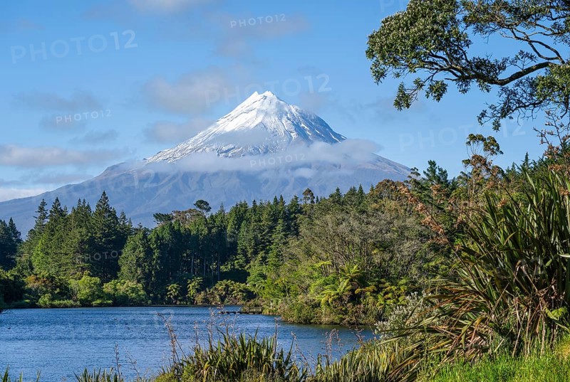 Lake Mangamahoe with views of Mount Taranaki. Egmont National Park, Taranaki Region, North Island, New Zealand