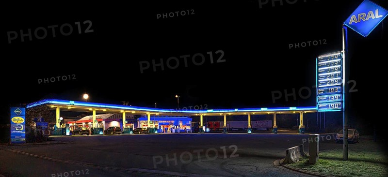 Gas station at night, Schnaittach, Middle Franconia, Bavaria, Germany