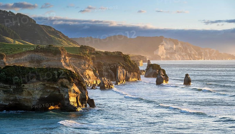 The Three Sisters and Elephant Rock formations, sea, evening, golden hour. Taranaki Region, North Island, New Zealand