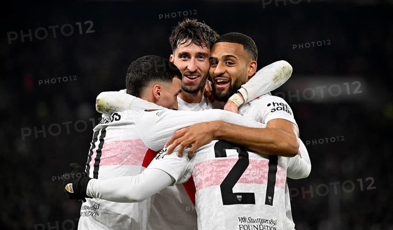 Goal celebration Josha Vagnoman VfB Stuttgart (04) Atakan Karazor VfB Stuttgart (16) Bilal El Khannouss VfB Stuttgart (11) Badredine Bouanani VfB Stuttgart (27) Europa League, MHPArena, MHP Arena Stuttgart, Baden-Württemberg, Germany